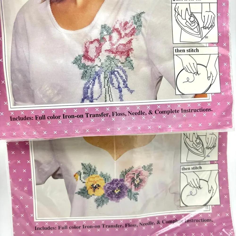 2 Wearable Flower Cross Stitch Kits Vintage 1990s Iron On Transfer Rose Pansy